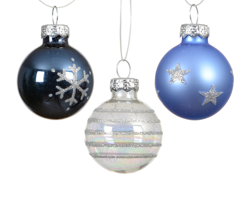 Tube of 9 Glass Ornaments - 30mm - Blue and White Snowflake