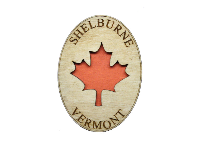 Shelburne Vermont Oval Orange Leaf Wooden Magnet