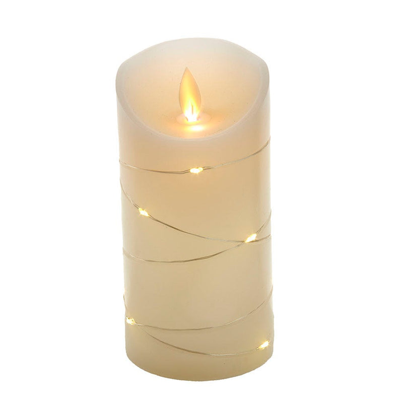 6" Battery Operated Flicker Flame White Candle With Fairy Lights