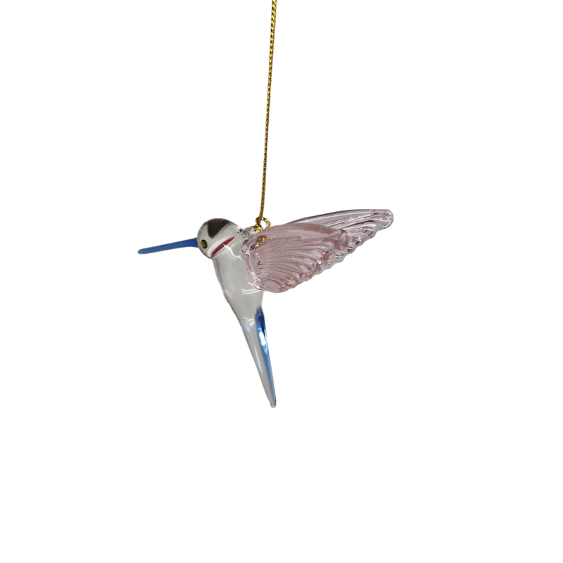 Feeding Hummingbird glass Ornament - Pink Wings / Blue Tail / Blue Beak
