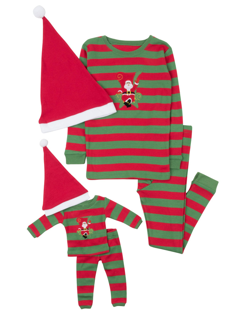 Girl And  Doll Cotton Santa Red And Green Stripes With Hat Pajama - - The Country Christmas Loft