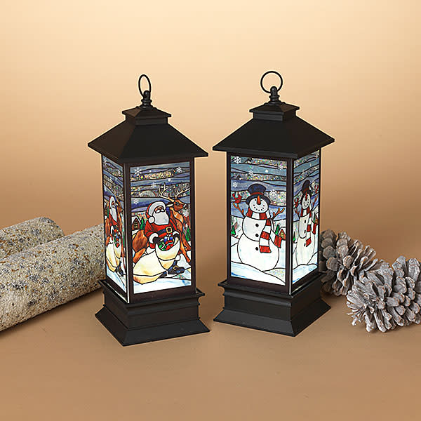 Lighted Spinning Stained Glass Style Water Globe Lantern - Snowman - The Country Christmas Loft