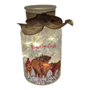 Lighted Frosted Glass Highland Cow Luminary – "Peace on Earth"