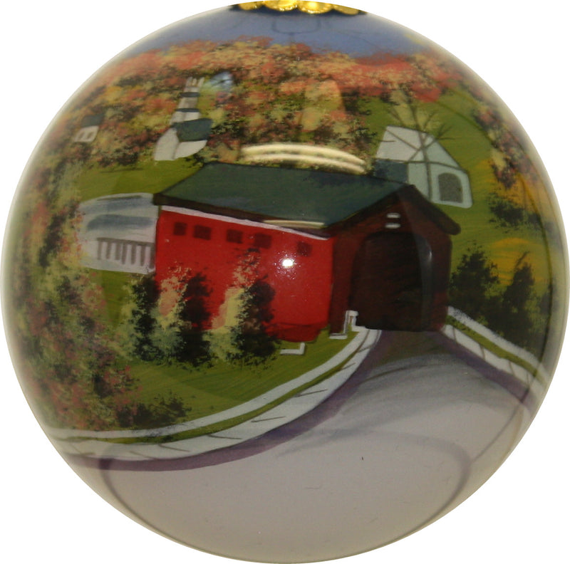Hand Painted Glass Globe Ornament - A Vermont Covered Bridge - The Country Christmas Loft