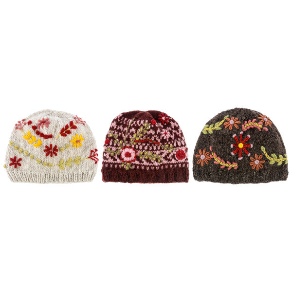 Floral Embroidered Knit Beanie - Cream Knit Embroidered Floral Winter Hat - – The Country Christmas  main image 4