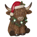 Lighted Resin Holiday Highland Cow in Santa Hat