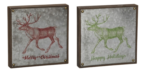 Wooden Framed Galvanized Reindeer Decor Merry Christmas - Red - The Country Christmas Loft