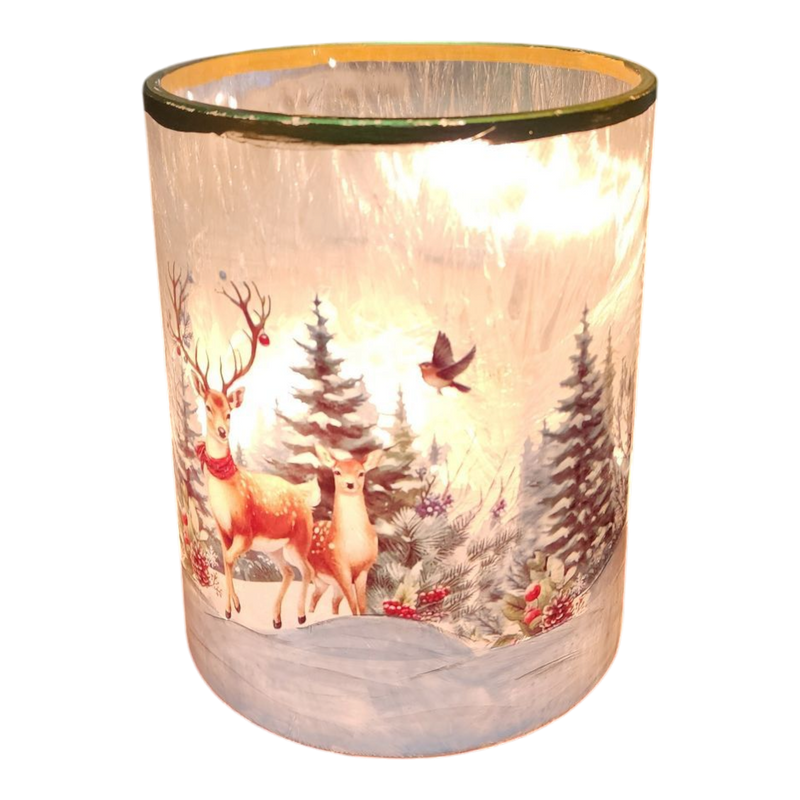 Frosted Glass Luminary Straight Edge - Forest Deer Scene