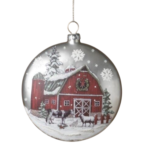 Glass Holiday Barn Disk Ornament - Cows
