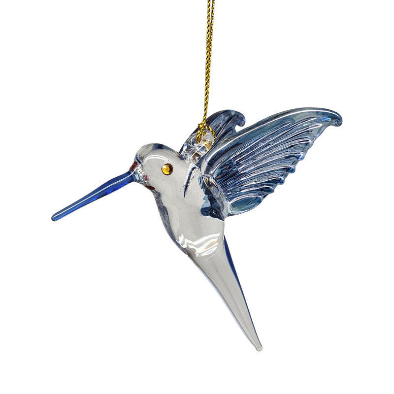 Feeding Hummingbird Glass Ornament - Blue Wings / Blue Tail / Blue Beak