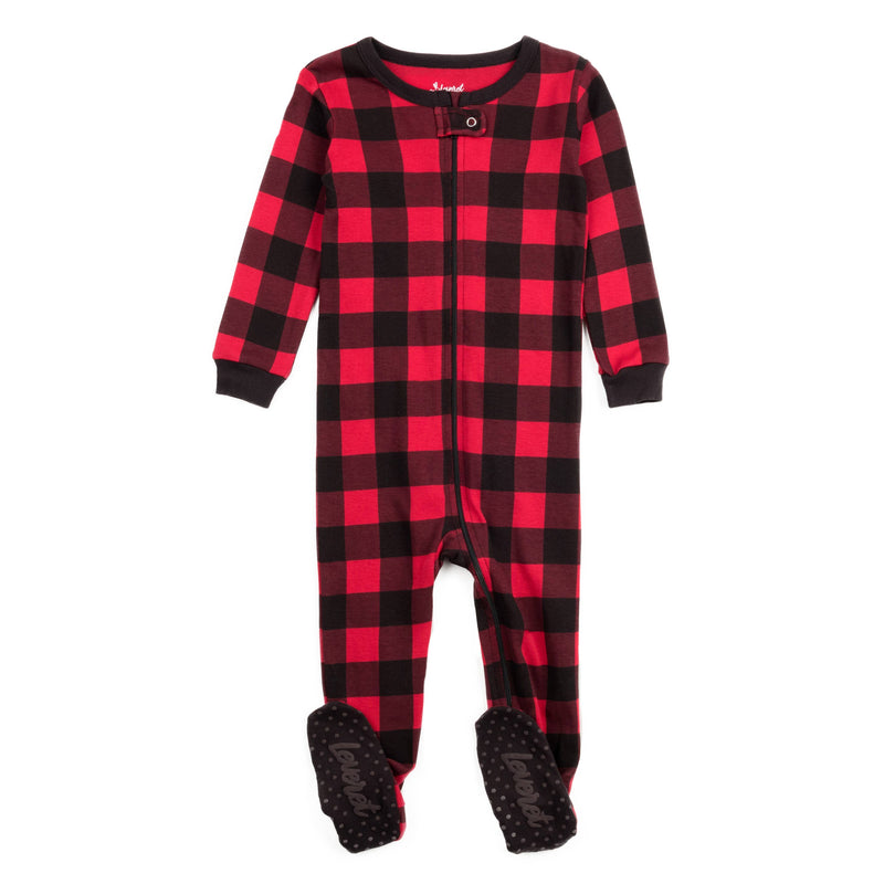 Kids Footed Cotton Pajama Black And  Red Plaid - - The Country Christmas Loft