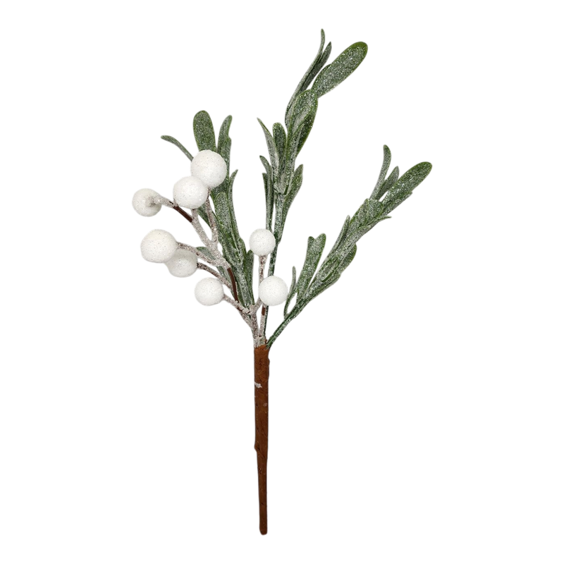 White Berry Mistletoe Pick - Frosted