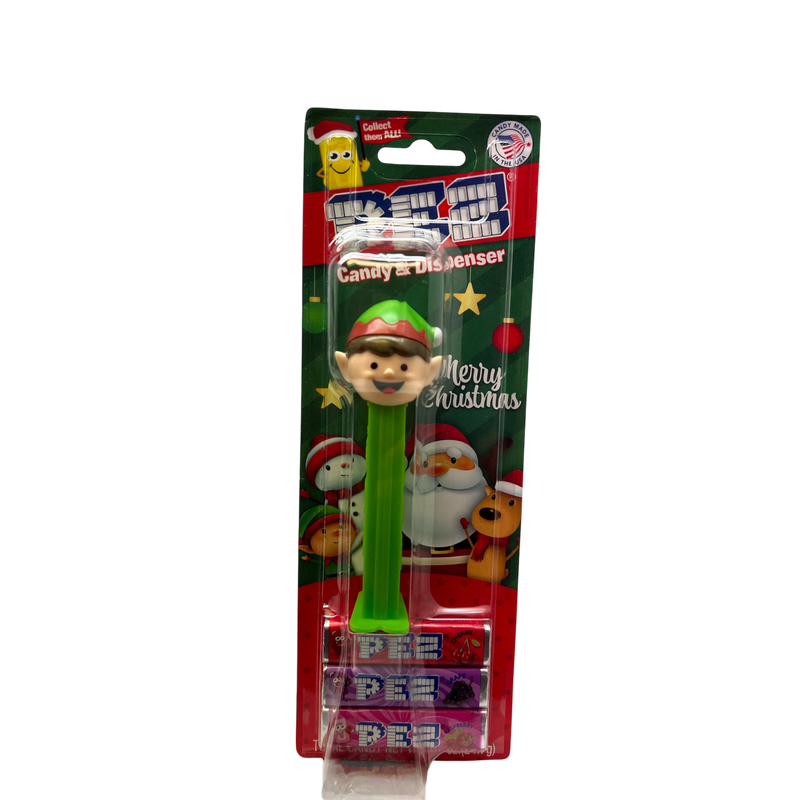 Christmas Pez Dispenser with 3 Rolls of Candy - Elf With Green Base