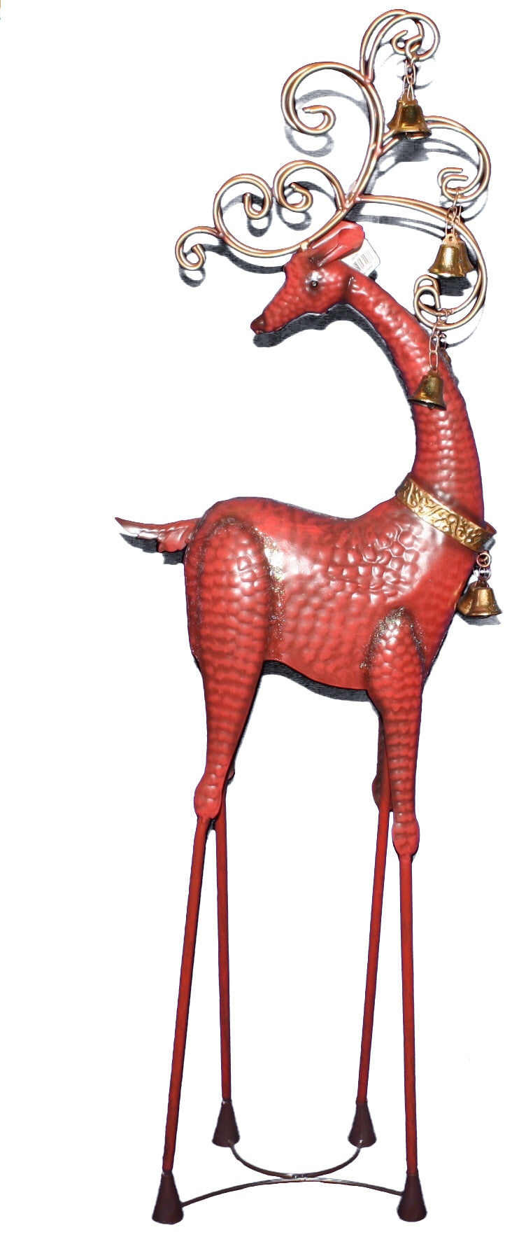 Hammered Red Metal Reindeer with Bells - Head Down - The Country Christmas Loft