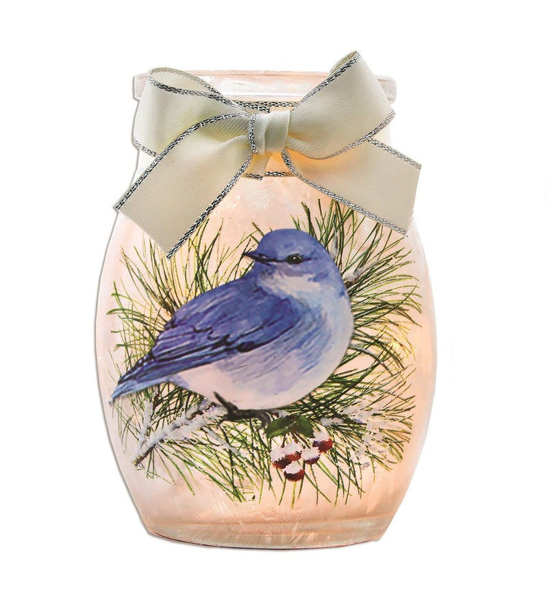 Winter Bluebird Lighted Jar with Ribbon -