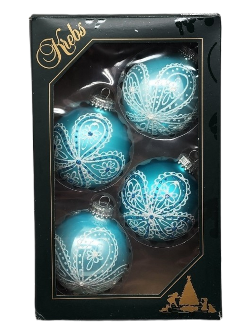 Krebs Value Glass Ball 4 pack - Lace Floral on Turquoise