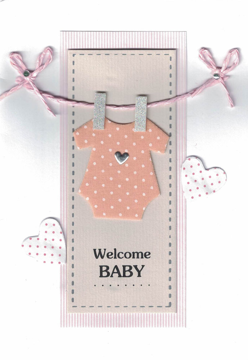 Handmade Embellished Welcome Baby Card - Baby Girl Outfit