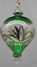 Etched Gold Teardrop Blown Glass Ornament - Emerald Green