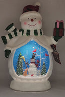 B/O Lighted Musical Spinning Water Globe Snowman with Holiday Scene White Coat