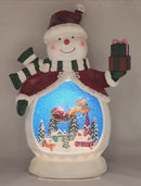 B/O Lighted Musical Spinning Water Globe Snowman with Holiday Scene Red Coat