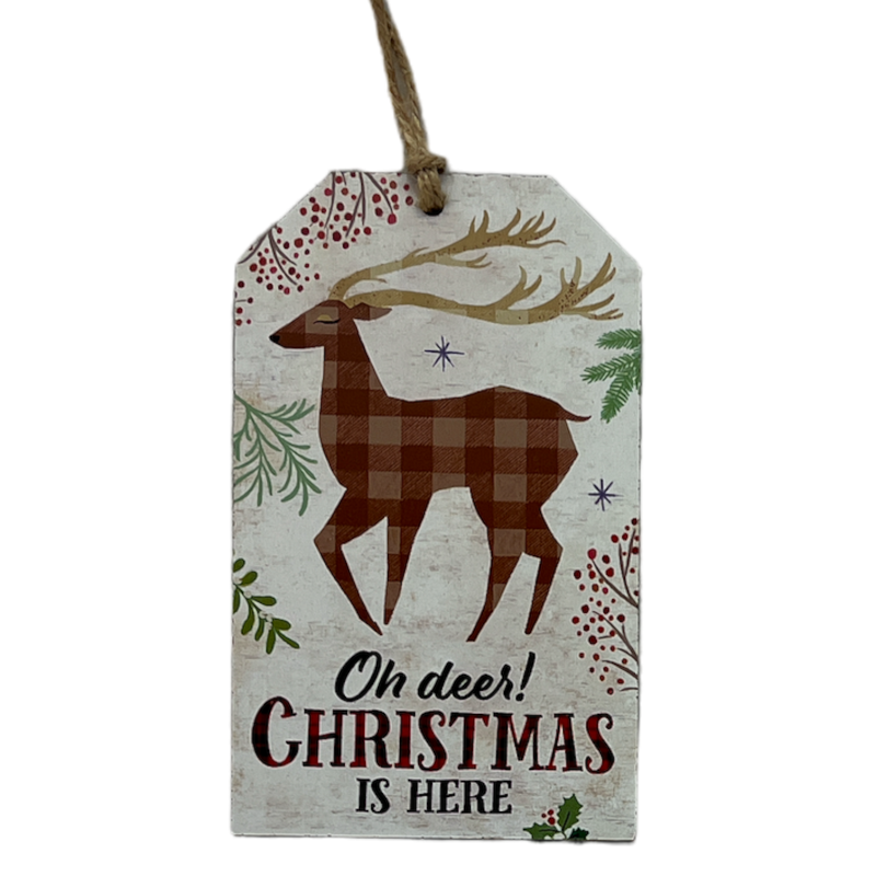 Wooden Plaid Gift Tag Ornament - Oh Deer! Christmas Is Here