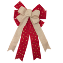 Fabric Bow - 18" x 10" - Red with Gold Stars and Moons & Natural Linen Wire-Edge