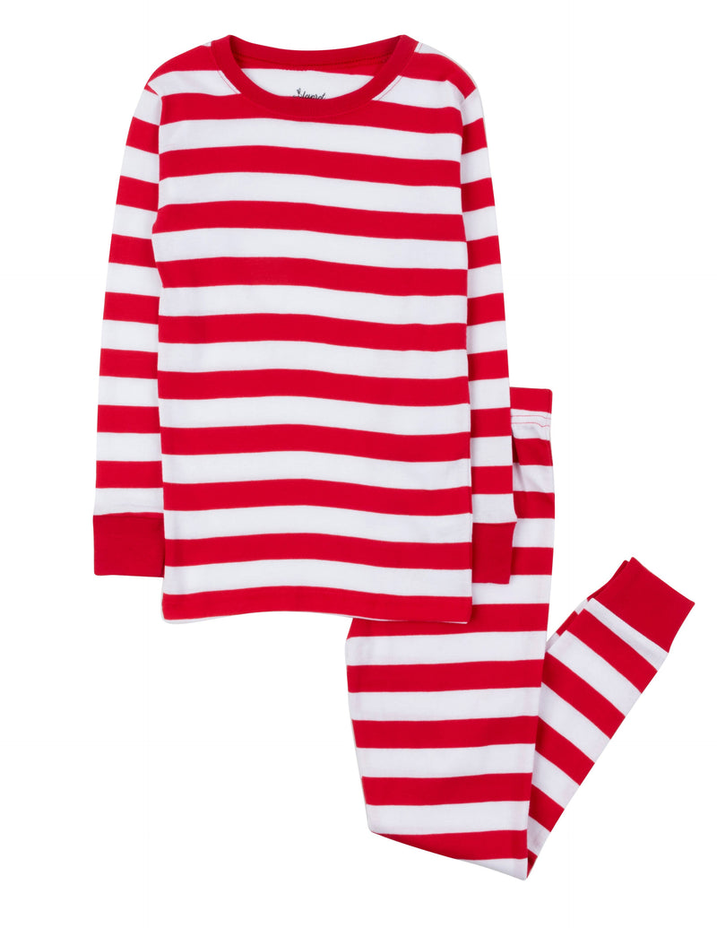 Kids Two Piece Cotton Pajamas Red And  White Stripes - - The Country Christmas Loft