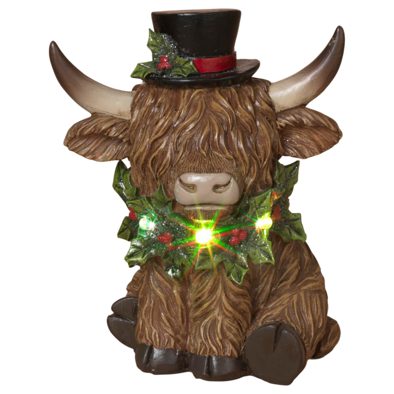 Lighted Resin Holiday Highland Cow in Top Hat
