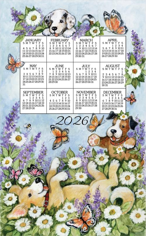 2026 Linen Calendar Towel - Playful Puppies