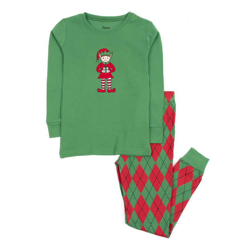 Kids Two Piece Cotton Pajamas Elf Argyle Red  And Green - - The Country Christmas Loft