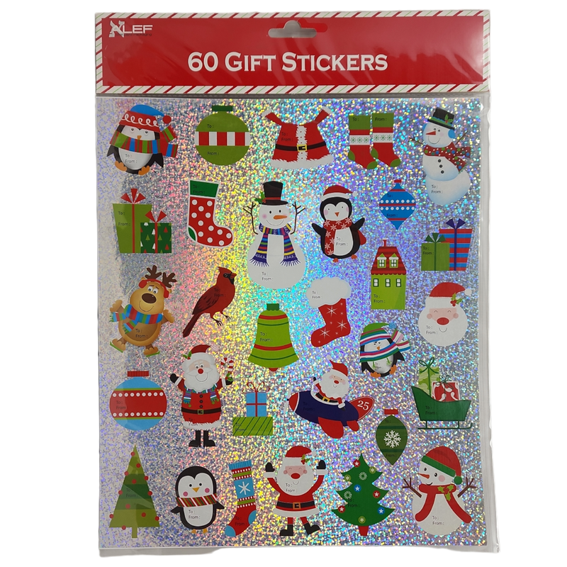 60 Count Peel and Stick Gift Tags -  Penguin / Ornament / Santa Suit