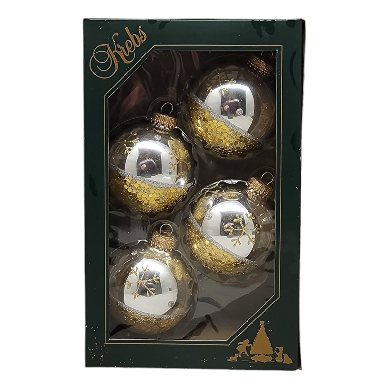Krebs Value Glass Ball 4 pack - Gold Sequin Snowflake on Silver