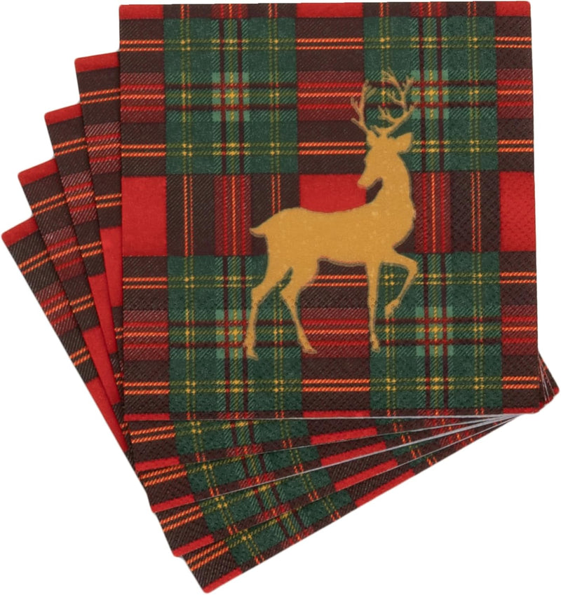 Reindeer Tartan Red Cocktail Napkin