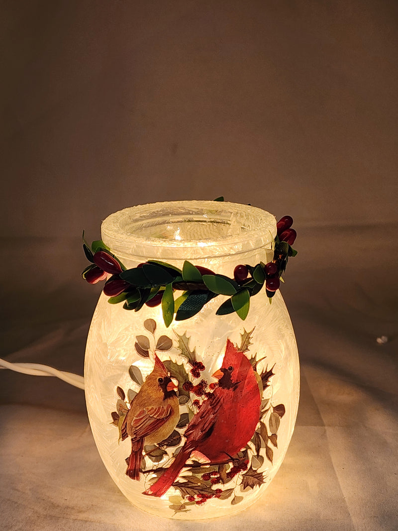 4 inch Lighted Jar with Garland - Two Cardinal Delight