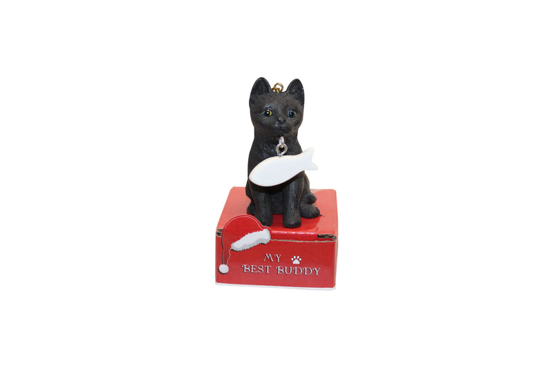 Black Cat with Fish Ornament