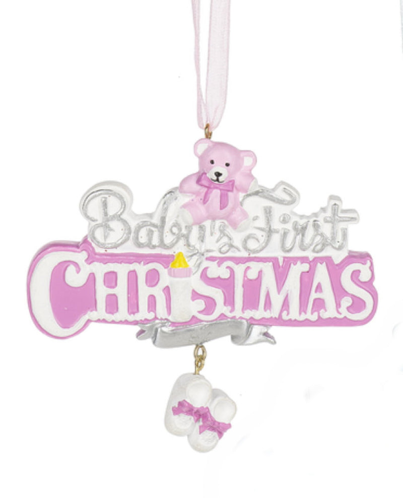 Baby's First Christmas Ornament with Bear - Pink - The Country Christmas Loft