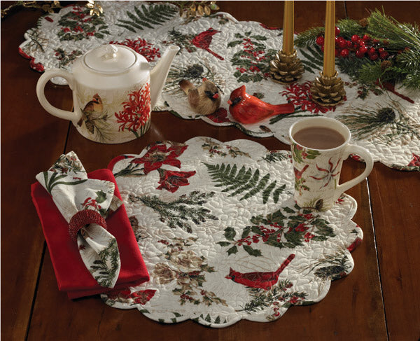 Nature Sings Cardinal Linen Set - Quilted Rounds Placemat - The Country Christmas Loft