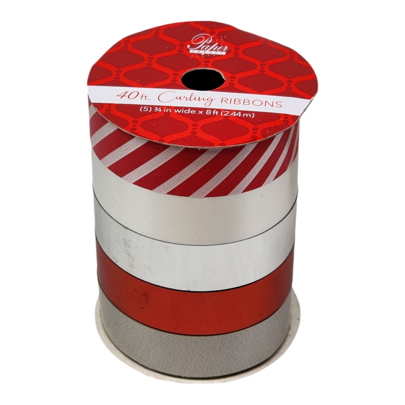 3/4 Inch Curling Ribbon - 5 Colors - 8 Feet Each - Grey/Red/Silver/White/Red Stripe