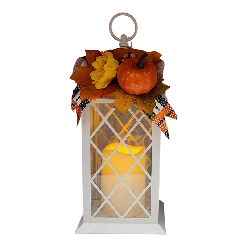 Harvest Lantern with Flickering LED Candle - White