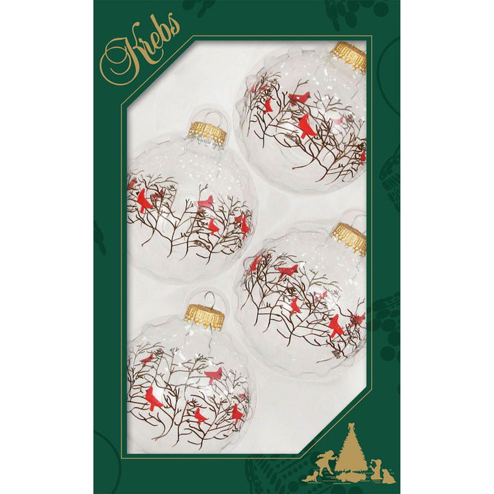 Christmas By Krebs 2 5/8 Glass Balls - Gold Caps - Branches and Cardinals - 4 Pack - The Country Christmas Loft
