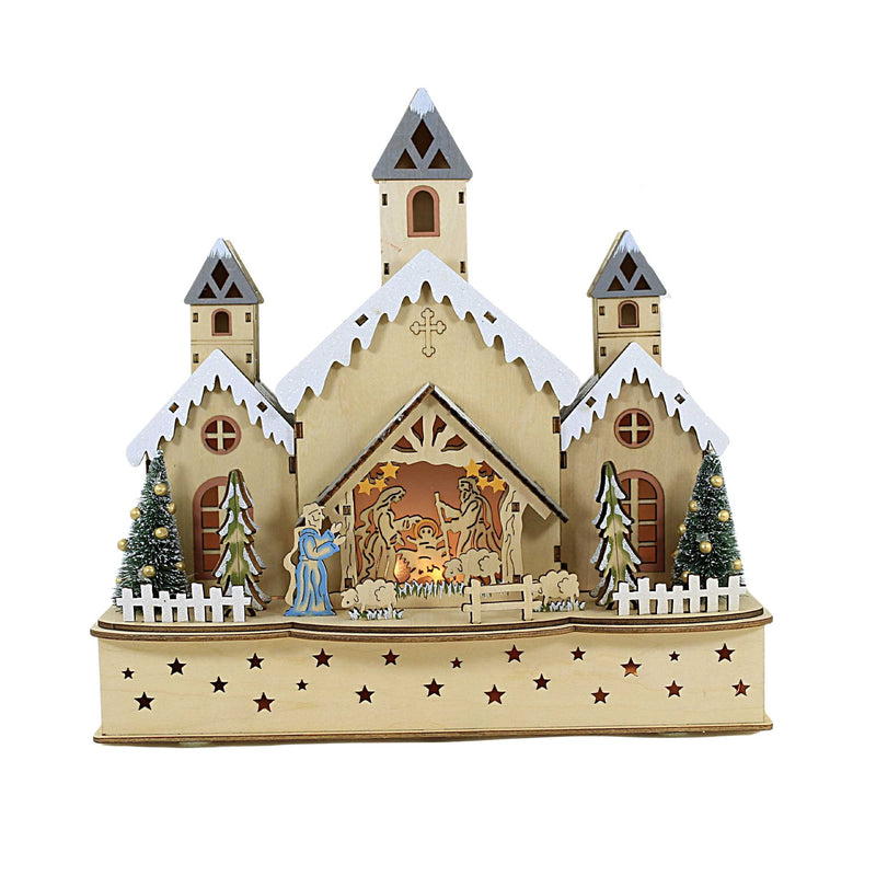 LED Wooden Church with Nativity Scene - 12 inch