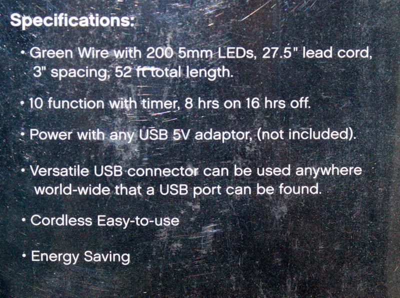USB powered 200 LED (52 foot) Green Wire Multifunction Lights with Timer - Cool White