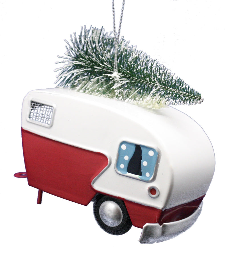 Metal Holiday Camper with Tree Ornament - Red