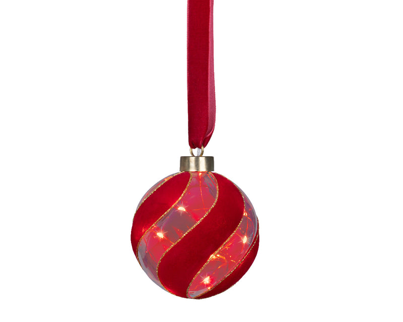 Micro LED Lighted Glass Ball Ornament - Red Velvet with Warm White Lights
