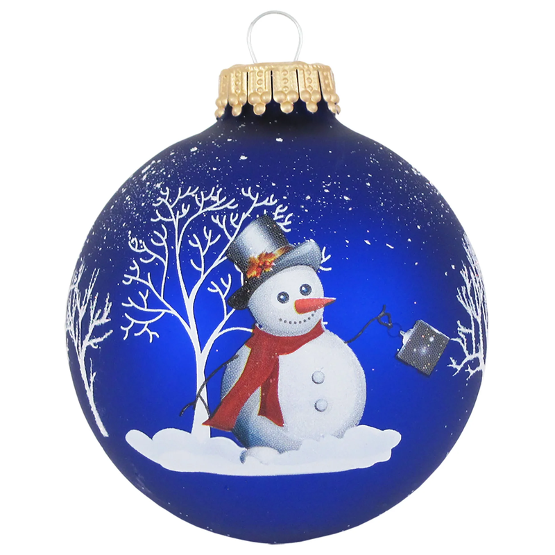 Christmas By Krebbs 2 5/8 Glass Balls - Gold Caps - Royal Velvet with Bell Ringer Snowman - 4 Pack