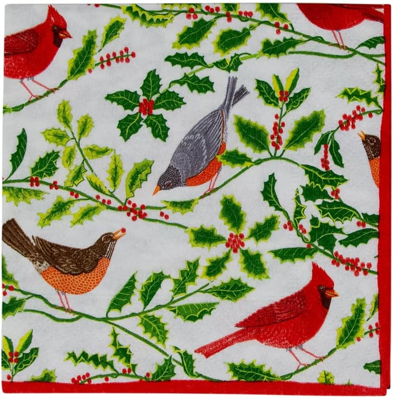 Songbirds and Holly Paper Cocktail Napkins in White