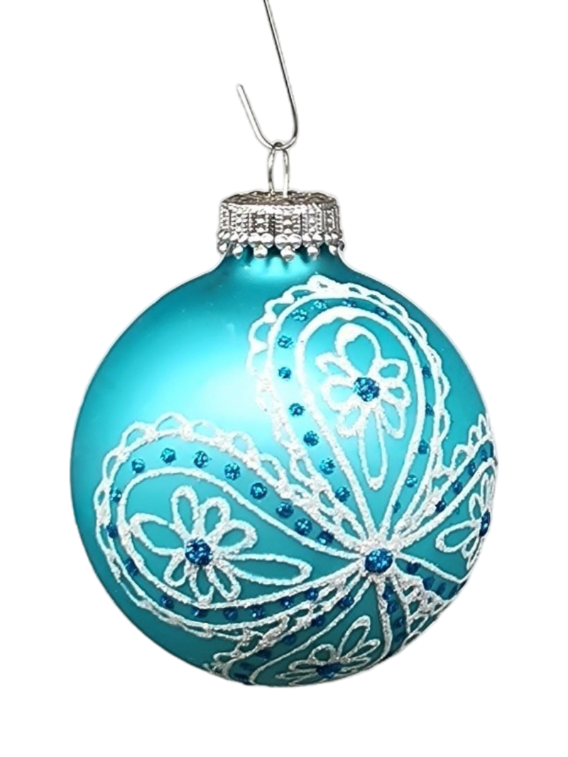 Krebs Value Glass Ball 4 pack - Lace Floral on Turquoise