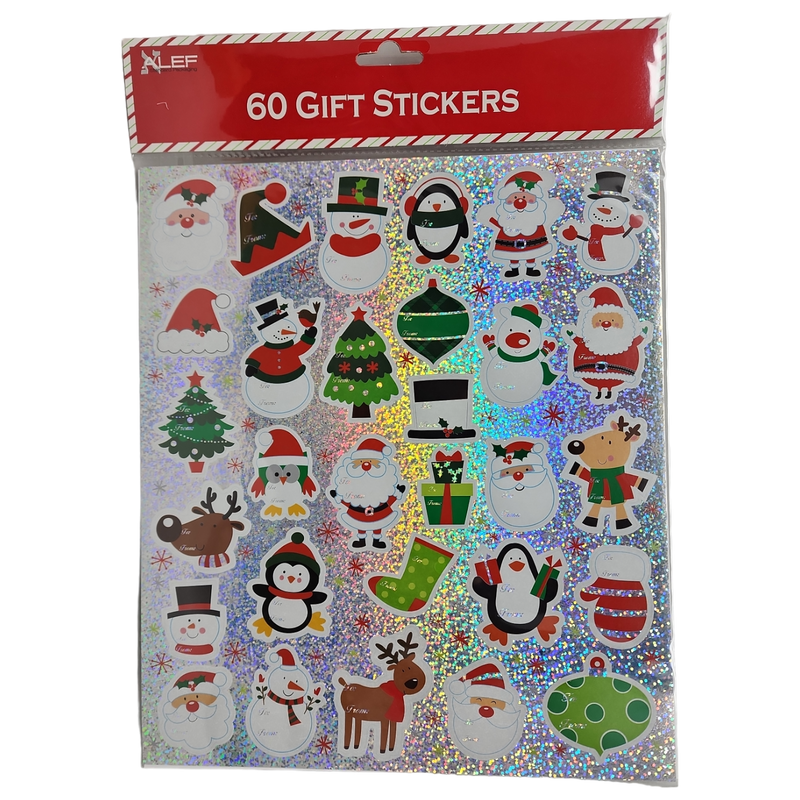 60 Count Peel and Stick Gift Tags -  Santa / Elf Hat / Snowman