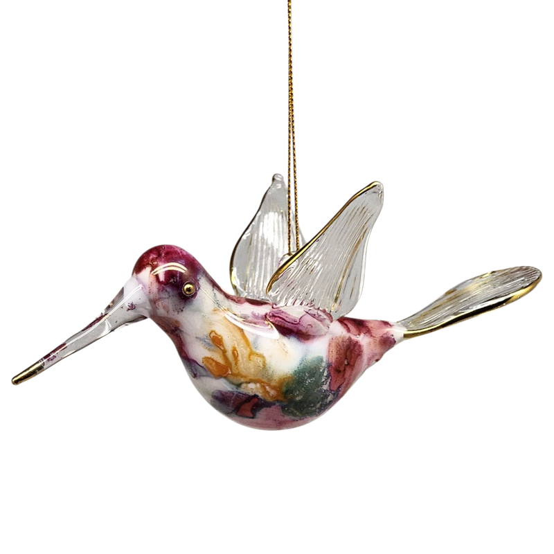 Blown Glass Hummingbird - Crimson Rose Blossom