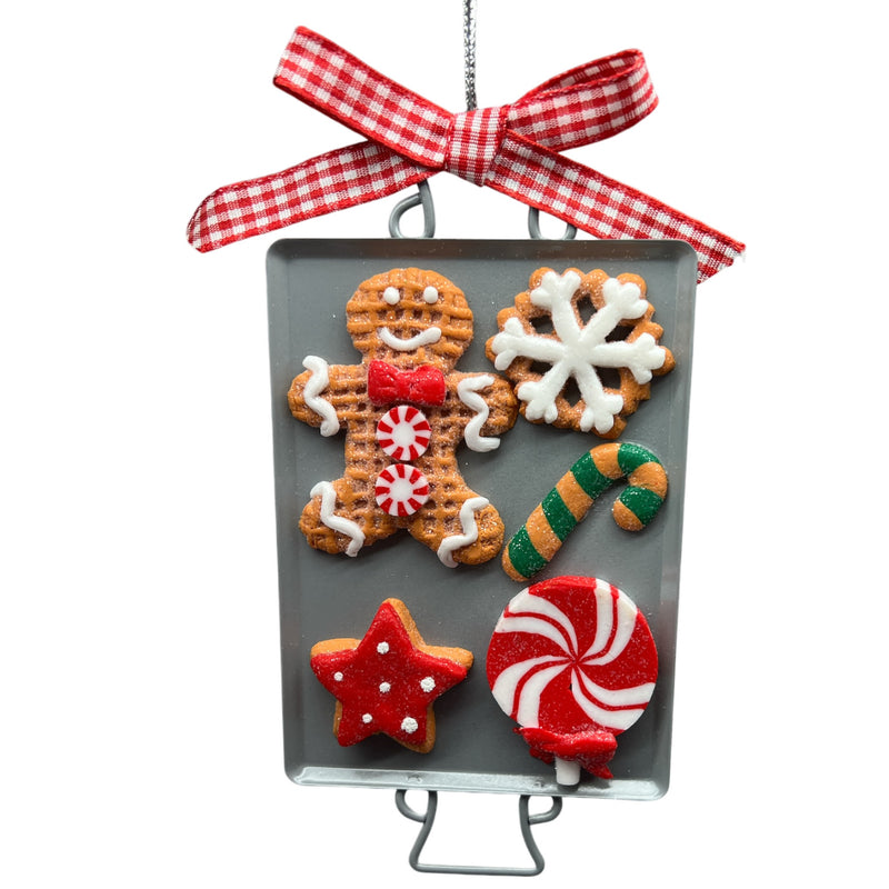 Clay Dough Holiday Cookies on Metal Pan  Ornament Gingerbreadman and Snowflake